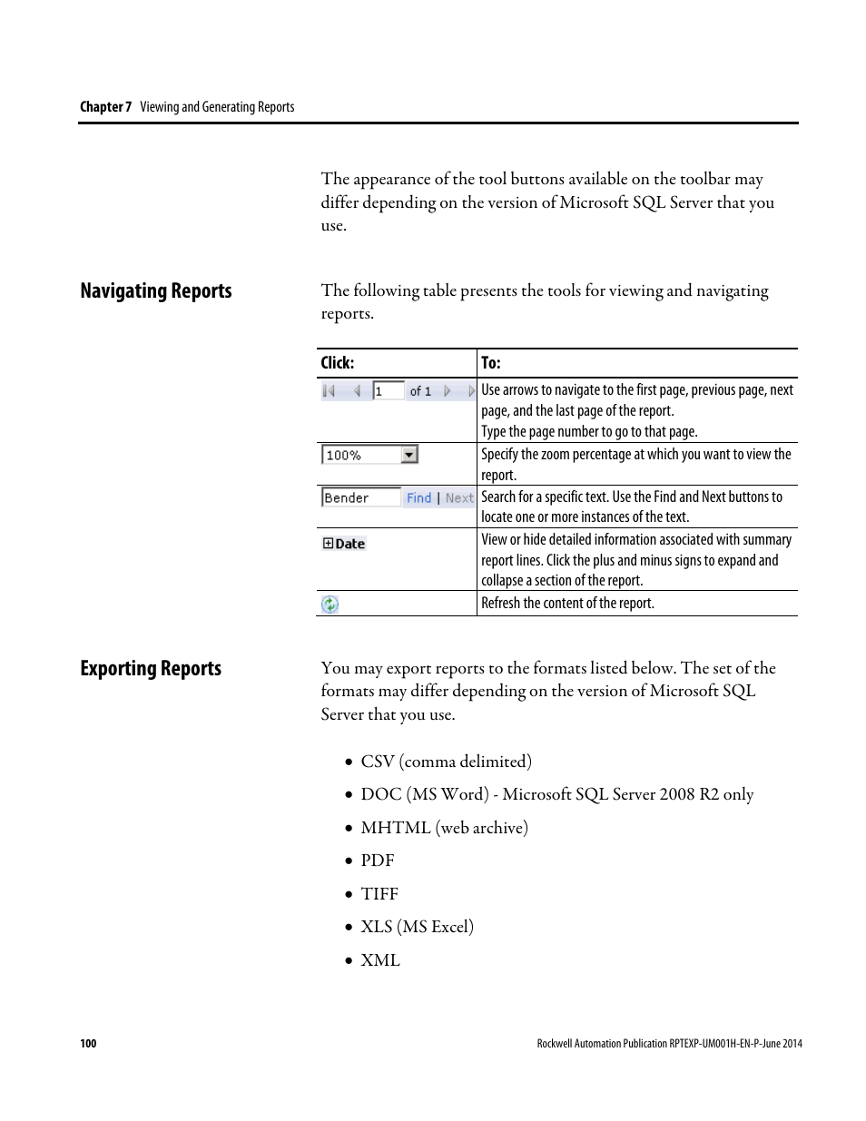 Navigating reports, Exporting reports, E 100) | Navigating reports exporting reports | Rockwell Automation FactoryTalk Report Expert User Guide User Manual | Page 100 / 182