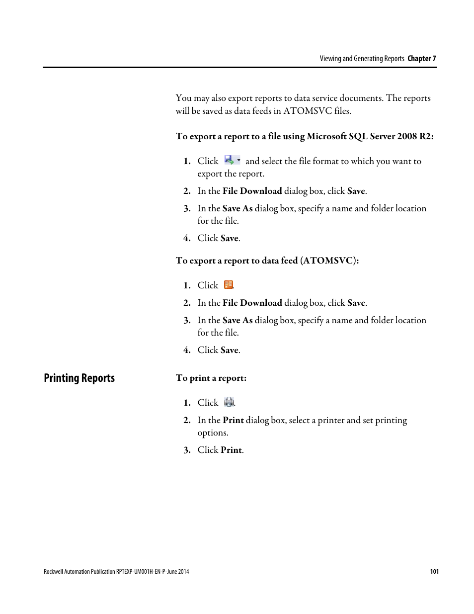 Printing reports, E 101) | Rockwell Automation FactoryTalk Report Expert User Guide User Manual | Page 101 / 182