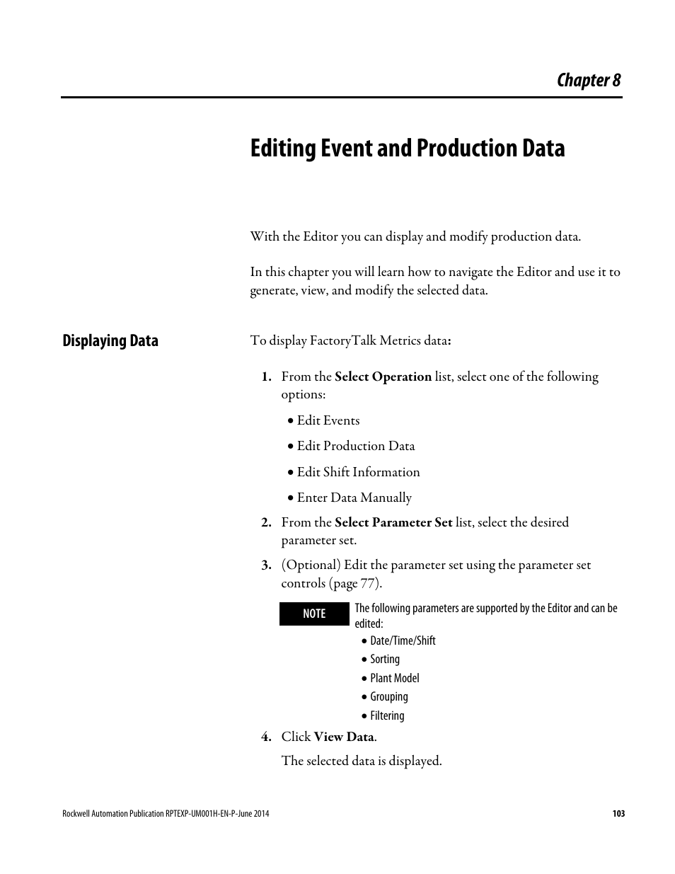 Editing event and production data, Displaying data, Chapter 8 | Editing event and production, Data, E 103) | Rockwell Automation FactoryTalk Report Expert User Guide User Manual | Page 103 / 182