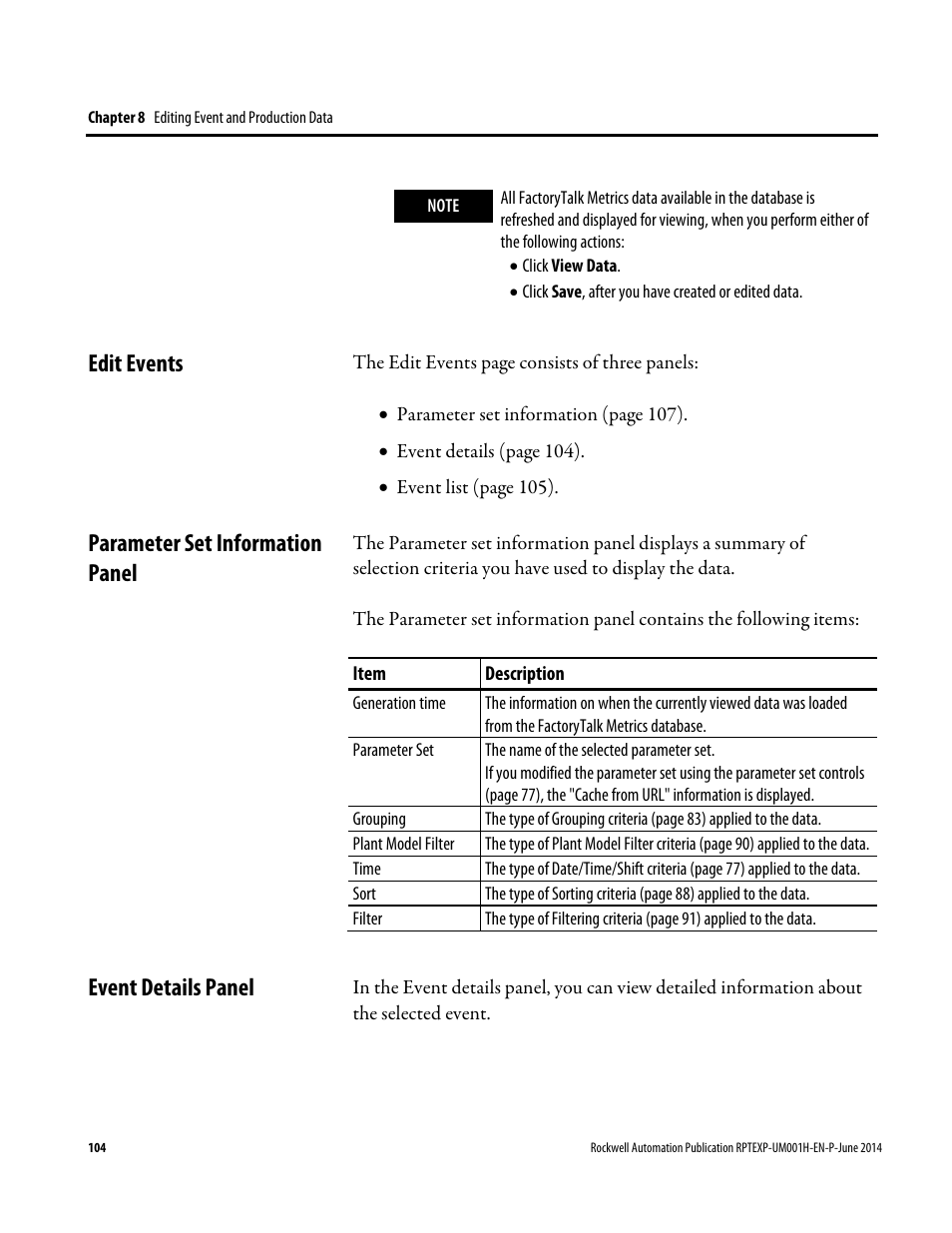 Edit events, Parameter set information panel, Event details panel | Rockwell Automation FactoryTalk Report Expert User Guide User Manual | Page 104 / 182