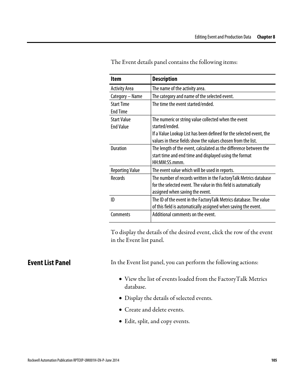 Event list panel | Rockwell Automation FactoryTalk Report Expert User Guide User Manual | Page 105 / 182