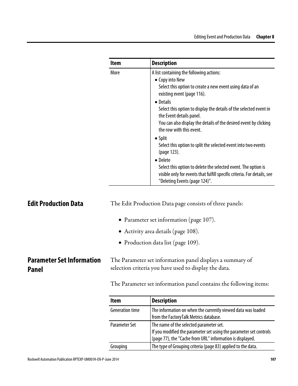 Edit production data, Parameter set information panel | Rockwell Automation FactoryTalk Report Expert User Guide User Manual | Page 107 / 182