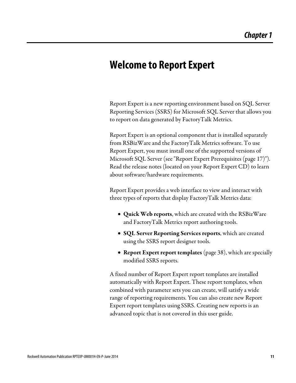 Welcome to report expert, Chapter 1 | Rockwell Automation FactoryTalk Report Expert User Guide User Manual | Page 11 / 182