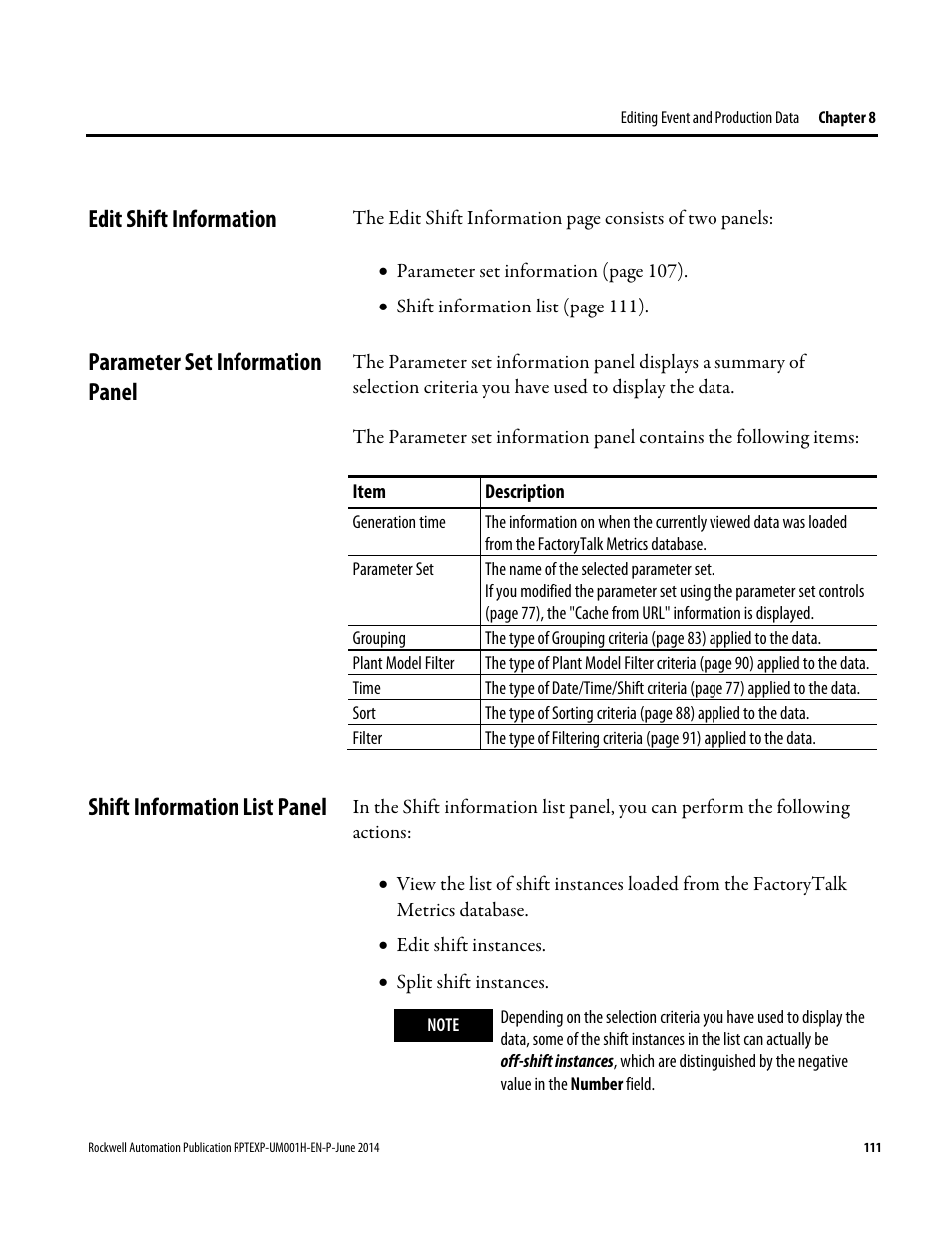 Edit shift information, Parameter set information panel, Shift information list panel | Rockwell Automation FactoryTalk Report Expert User Guide User Manual | Page 111 / 182