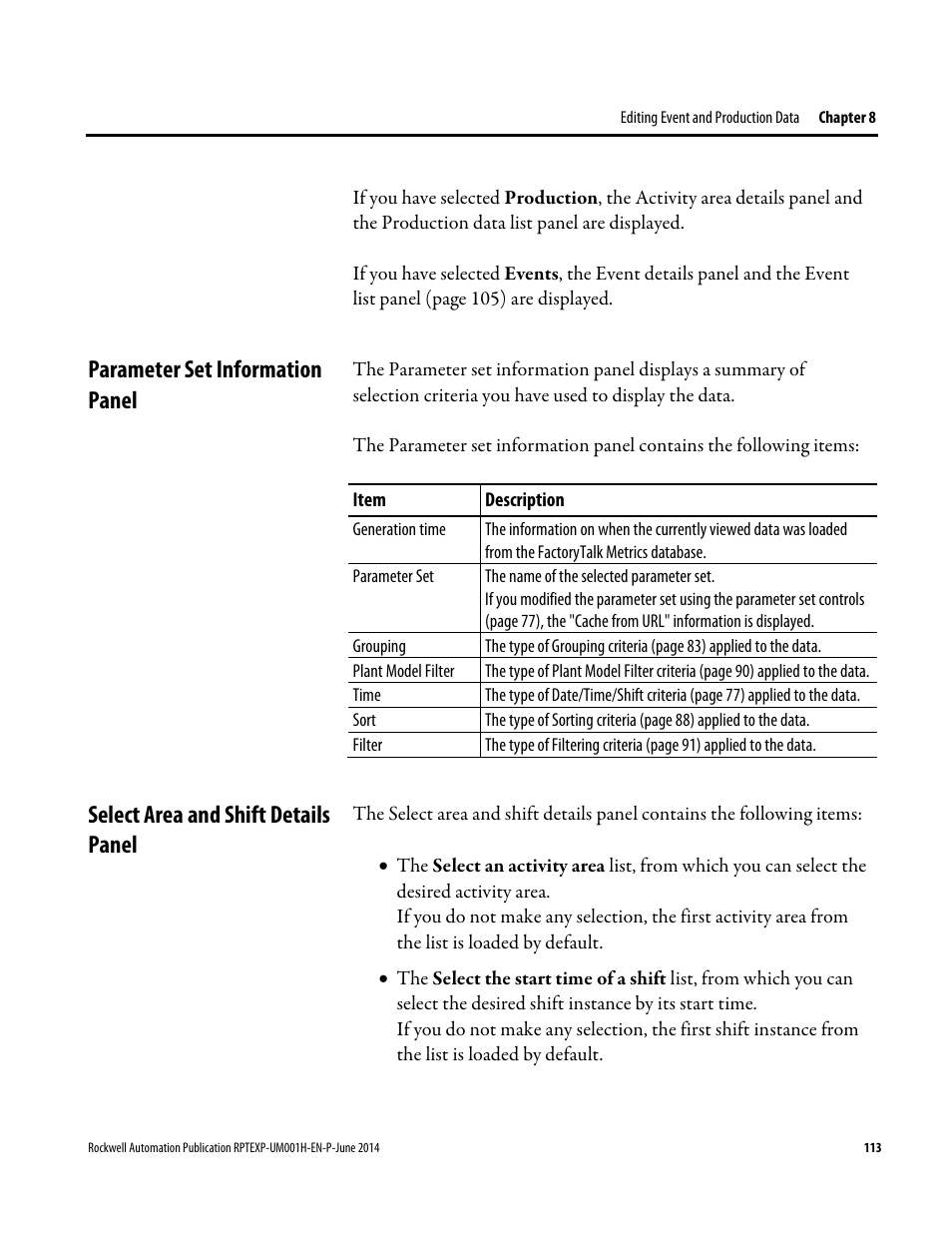 Parameter set information panel, Select area and shift details panel | Rockwell Automation FactoryTalk Report Expert User Guide User Manual | Page 113 / 182