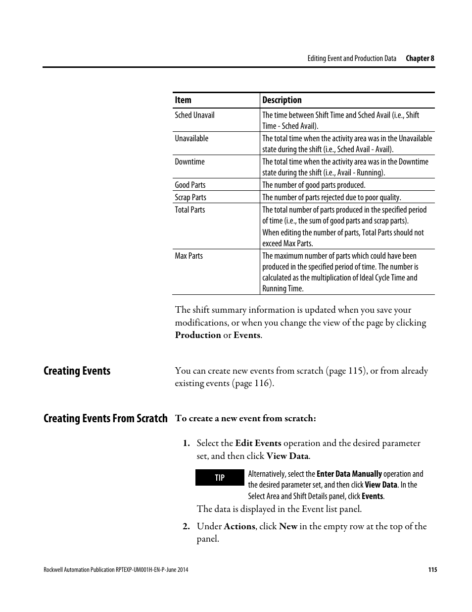 Creating events, Creating events from scratch, Creating events creating events from scratch | Rockwell Automation FactoryTalk Report Expert User Guide User Manual | Page 115 / 182