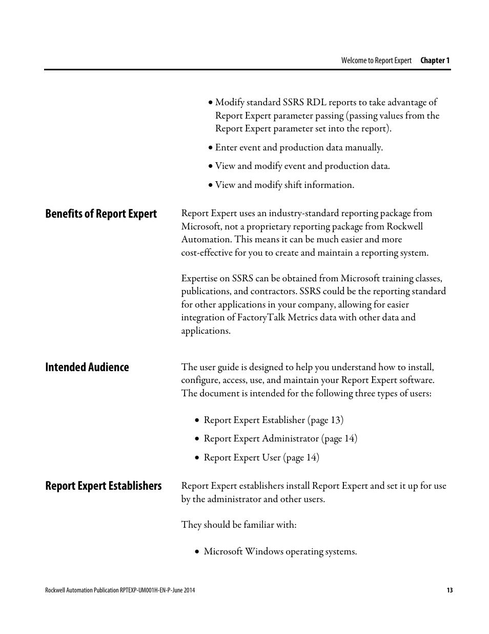 Benefits of report expert, Intended audience, Report expert establishers | Rockwell Automation FactoryTalk Report Expert User Guide User Manual | Page 13 / 182