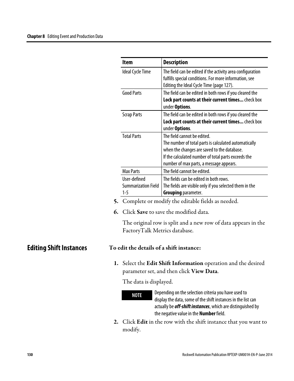 Editing shift instances | Rockwell Automation FactoryTalk Report Expert User Guide User Manual | Page 130 / 182