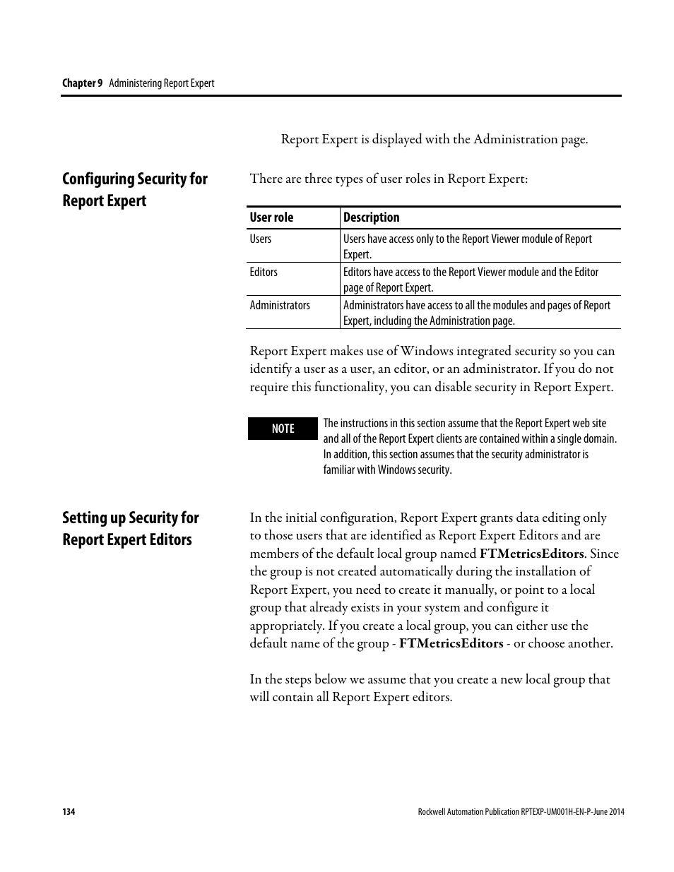 Configuring security for report expert, Setting up security for report expert editors | Rockwell Automation FactoryTalk Report Expert User Guide User Manual | Page 134 / 182