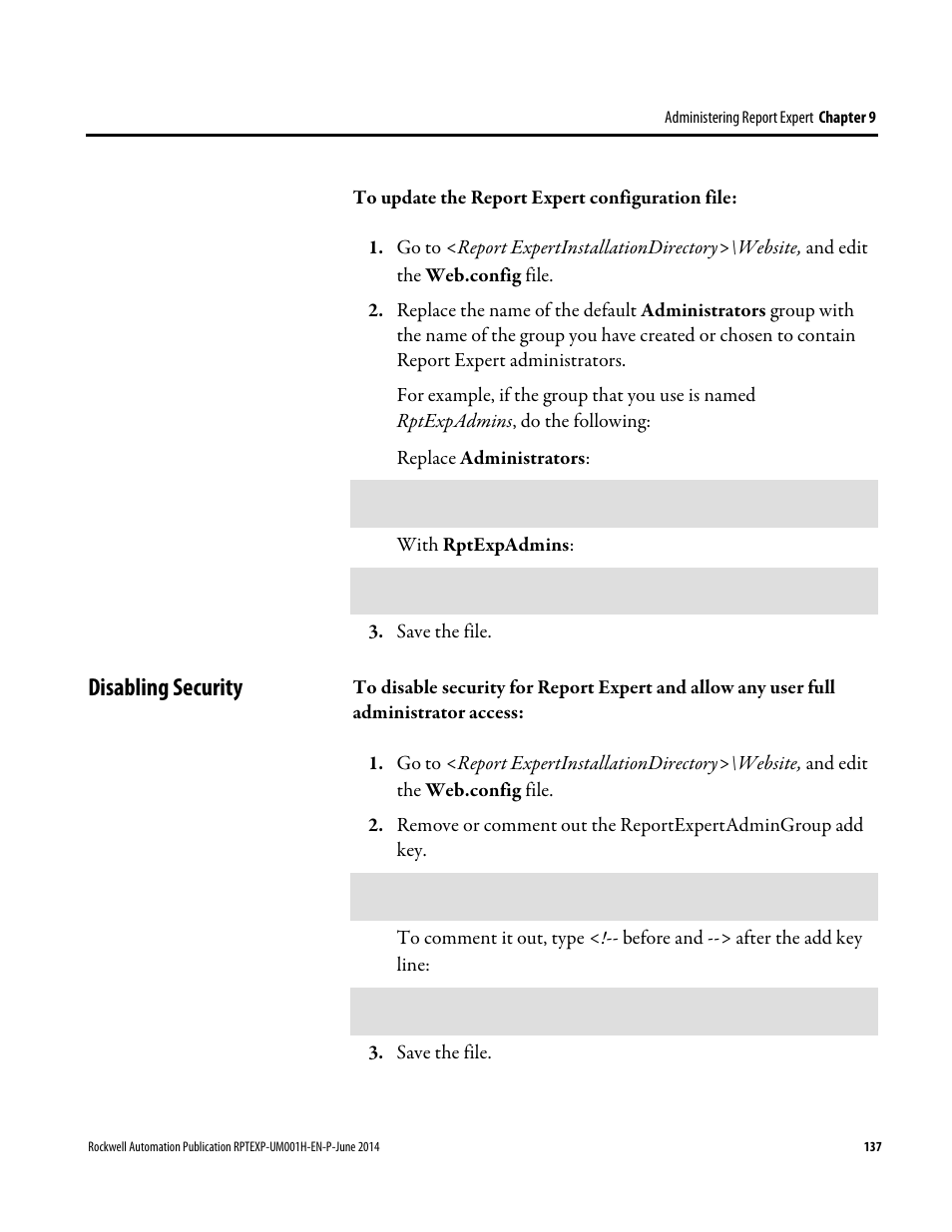 Disabling security | Rockwell Automation FactoryTalk Report Expert User Guide User Manual | Page 137 / 182