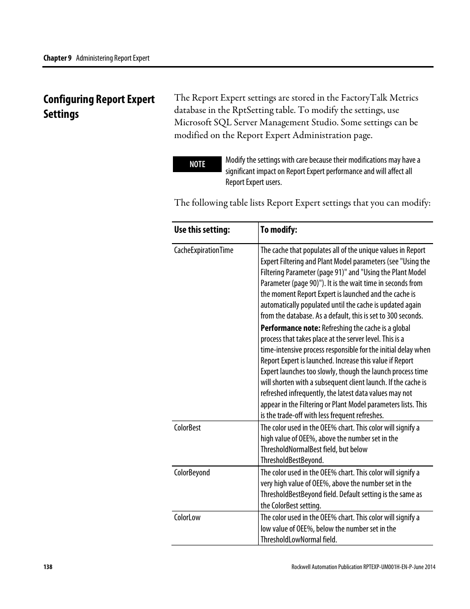 Configuring report expert settings | Rockwell Automation FactoryTalk Report Expert User Guide User Manual | Page 138 / 182