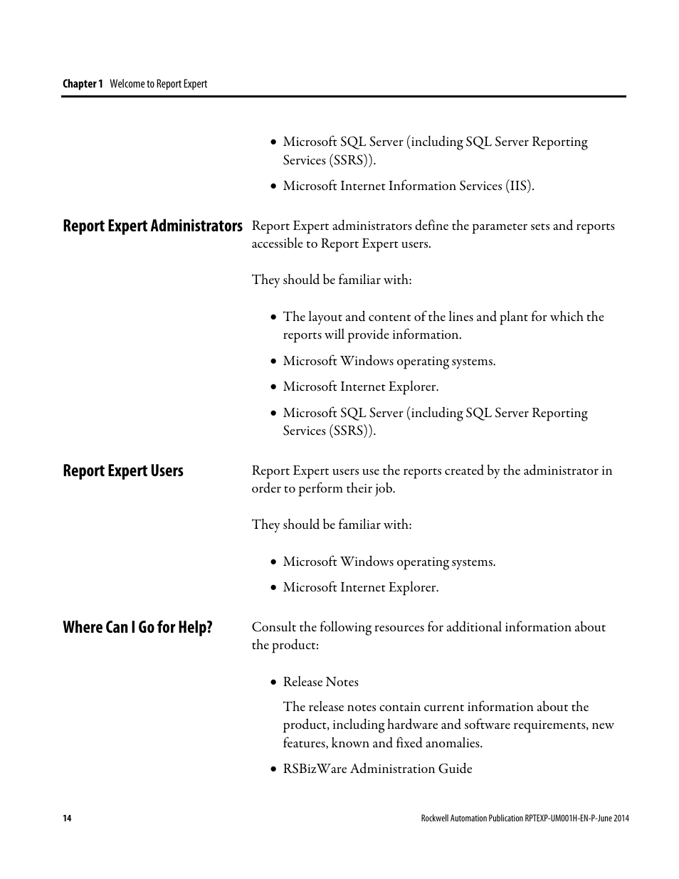 Report expert administrators, Report expert users, Where can i go for help | Rockwell Automation FactoryTalk Report Expert User Guide User Manual | Page 14 / 182
