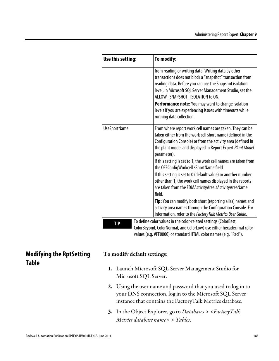 Modifying the rptsetting table | Rockwell Automation FactoryTalk Report Expert User Guide User Manual | Page 143 / 182