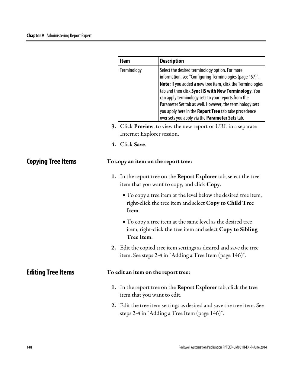 Copying tree items, Editing tree items, Copying tree items editing tree items | Rockwell Automation FactoryTalk Report Expert User Guide User Manual | Page 148 / 182