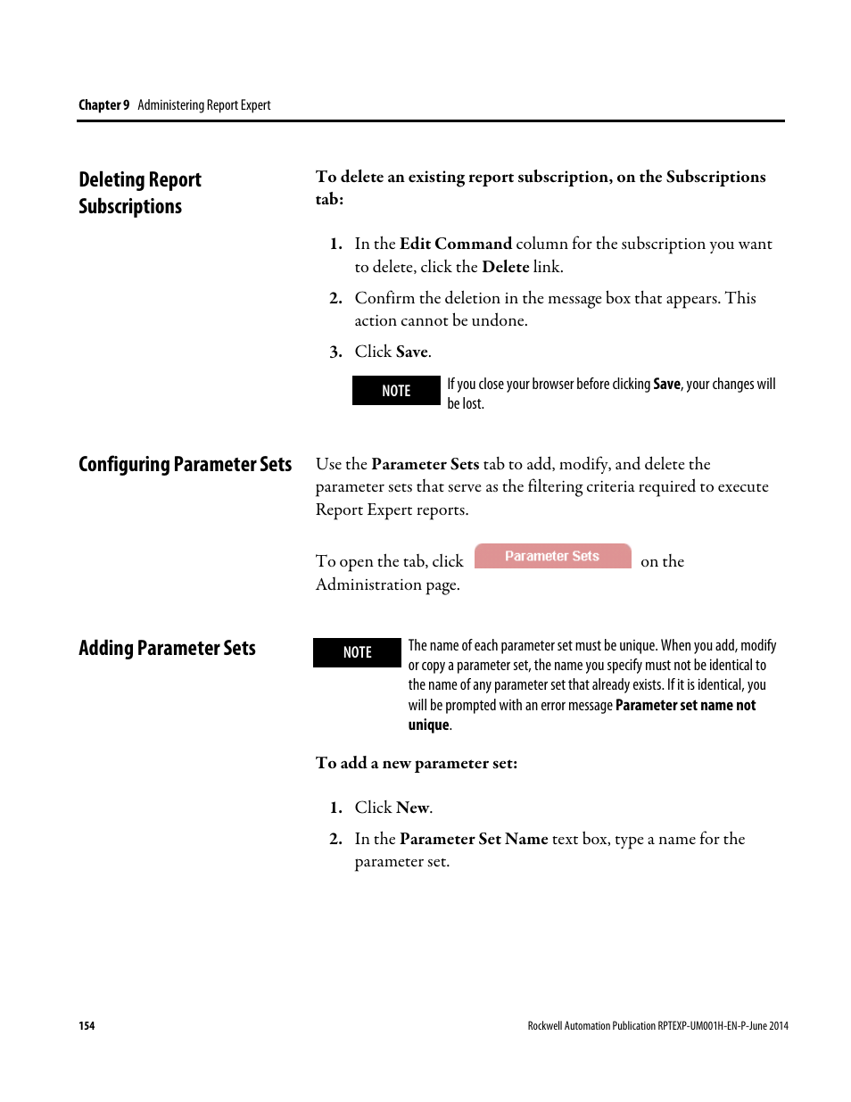 Deleting report subscriptions, Configuring parameter sets, Adding parameter sets | Ge 154), E 154) | Rockwell Automation FactoryTalk Report Expert User Guide User Manual | Page 154 / 182