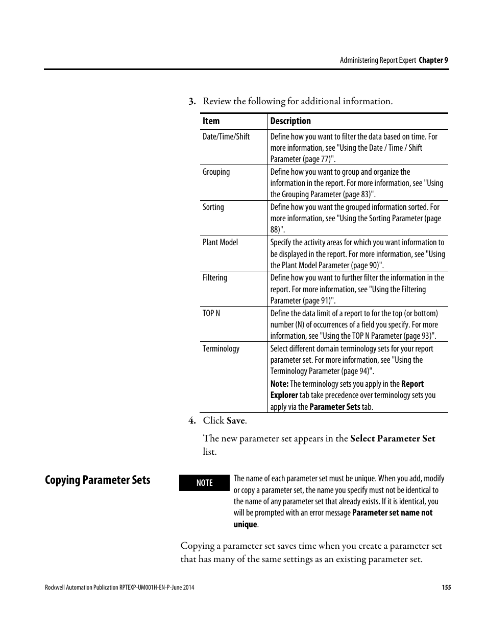 Copying parameter sets | Rockwell Automation FactoryTalk Report Expert User Guide User Manual | Page 155 / 182