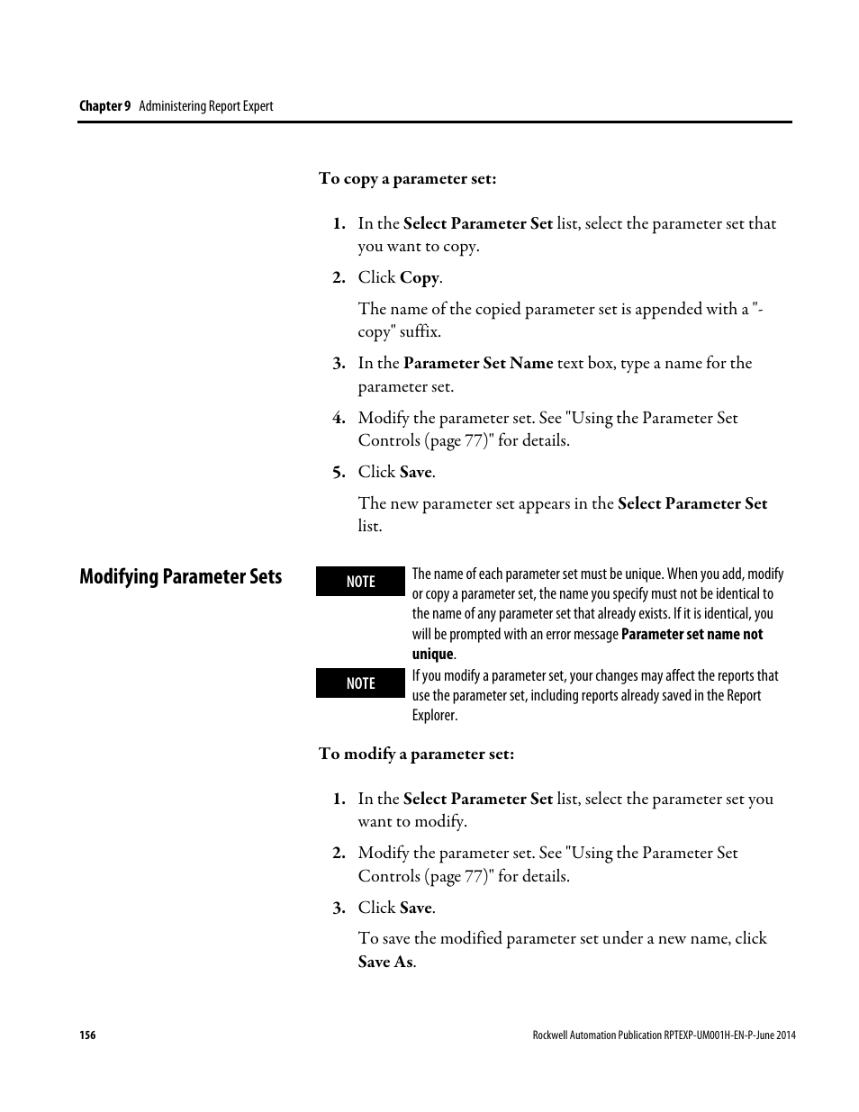 Modifying parameter sets | Rockwell Automation FactoryTalk Report Expert User Guide User Manual | Page 156 / 182