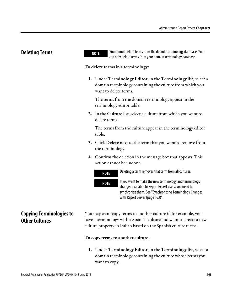 Deleting terms, Copying terminologies to other cultures | Rockwell Automation FactoryTalk Report Expert User Guide User Manual | Page 161 / 182