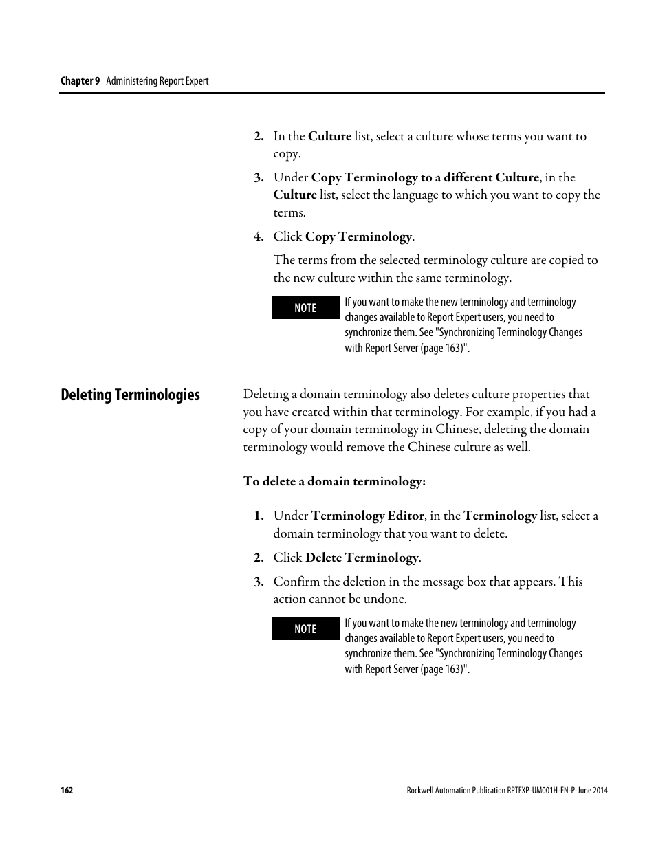 Deleting terminologies | Rockwell Automation FactoryTalk Report Expert User Guide User Manual | Page 162 / 182