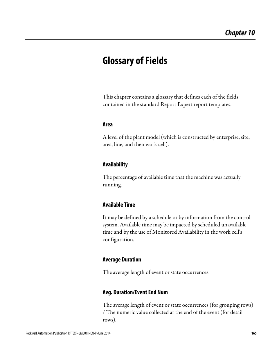 Glossary of fields, Area, Availability | Available time, Average duration, Avg. duration/event end num, Chapter 10, Area 165 | Rockwell Automation FactoryTalk Report Expert User Guide User Manual | Page 165 / 182