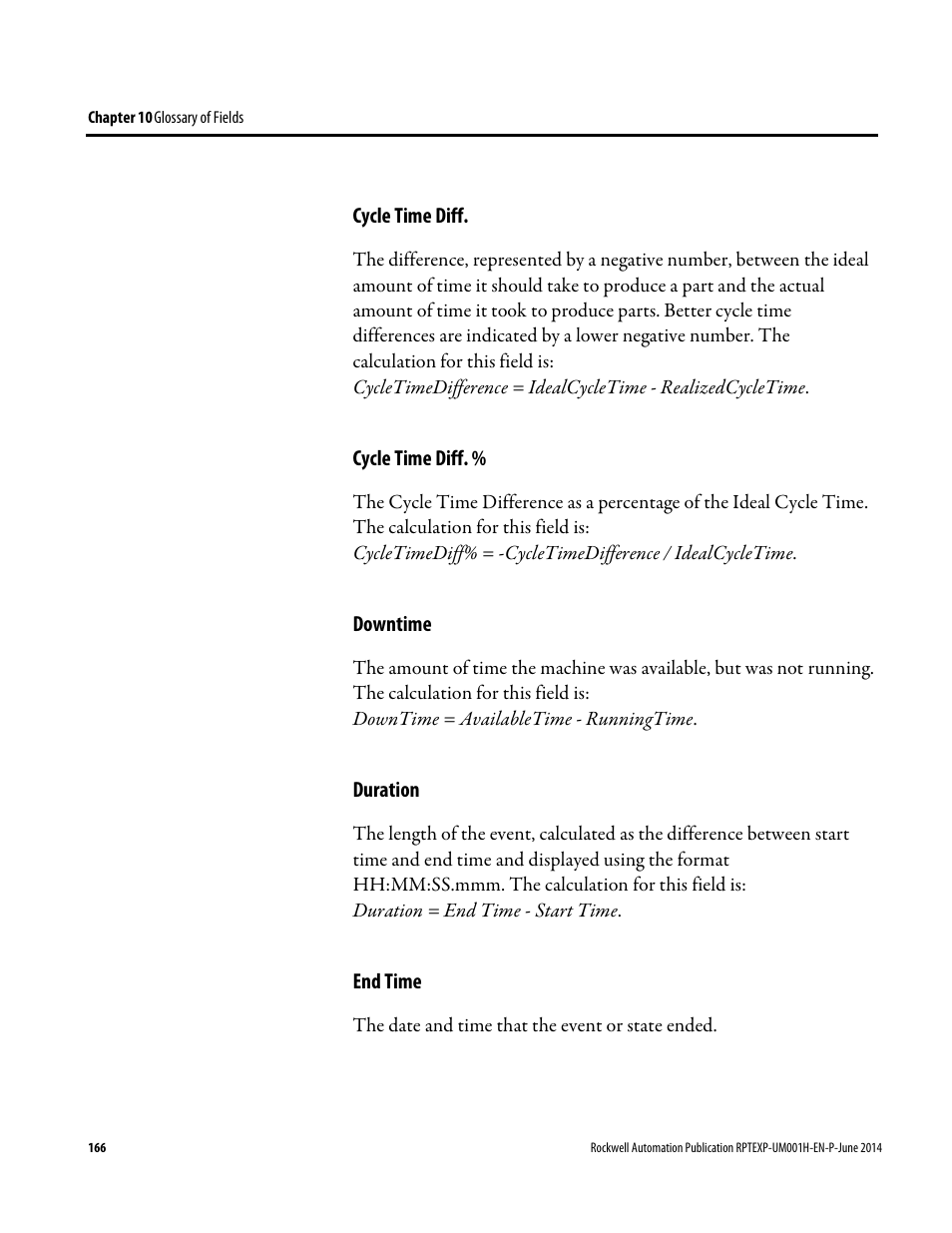 Cycle time diff, Downtime, Duration | End time | Rockwell Automation FactoryTalk Report Expert User Guide User Manual | Page 166 / 182