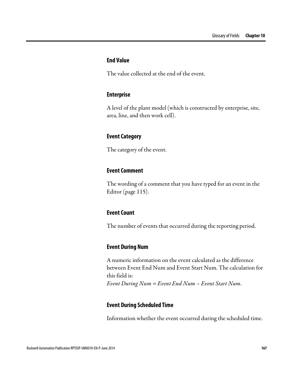 End value, Enterprise, Event category | Event comment, Event count, Event during num, Event during scheduled time | Rockwell Automation FactoryTalk Report Expert User Guide User Manual | Page 167 / 182