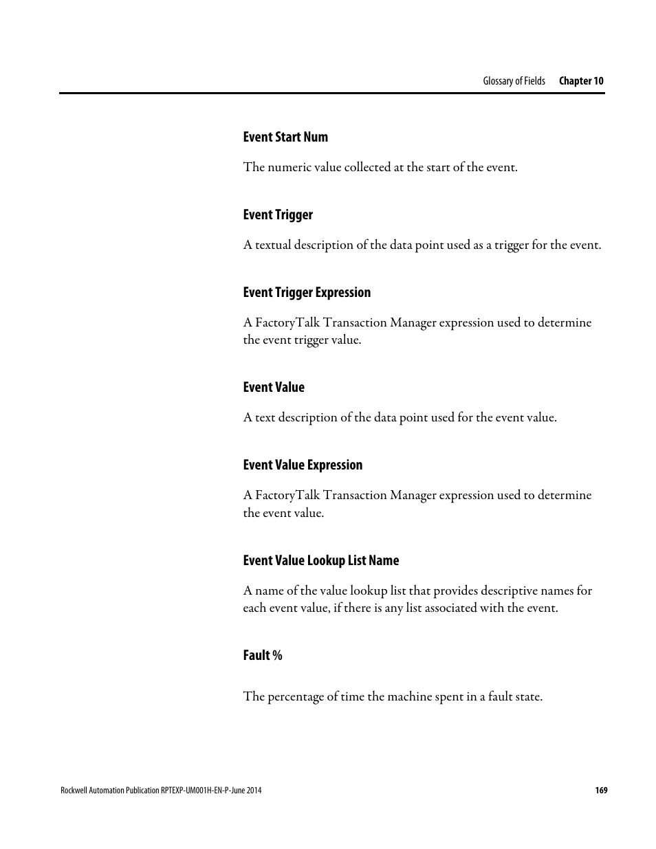 Event start num, Event trigger, Event trigger expression | Event value, Event value expression, Event value lookup list name, Fault | Rockwell Automation FactoryTalk Report Expert User Guide User Manual | Page 169 / 182