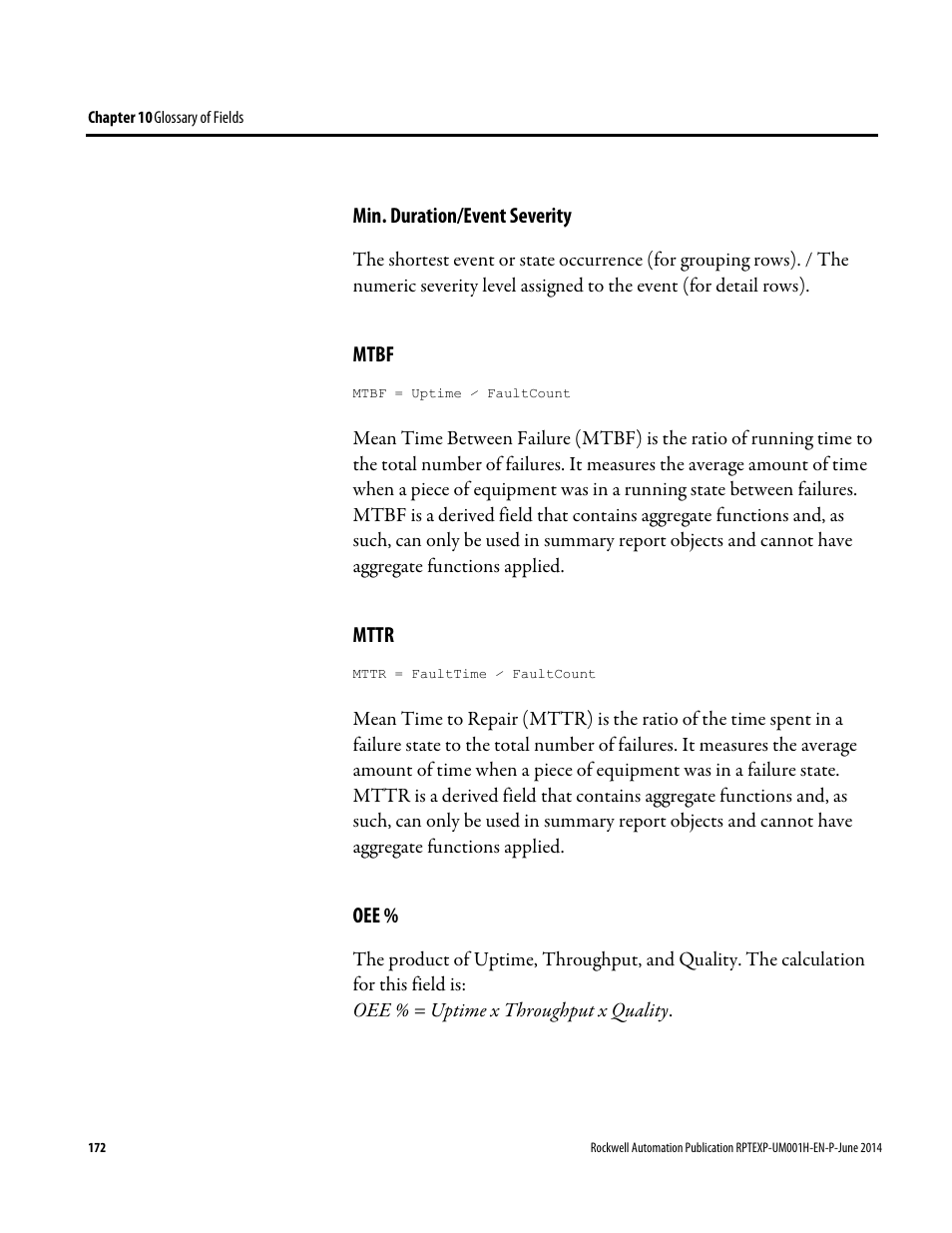 Min. duration/event severity, Mtbf, Mttr | Rockwell Automation FactoryTalk Report Expert User Guide User Manual | Page 172 / 182