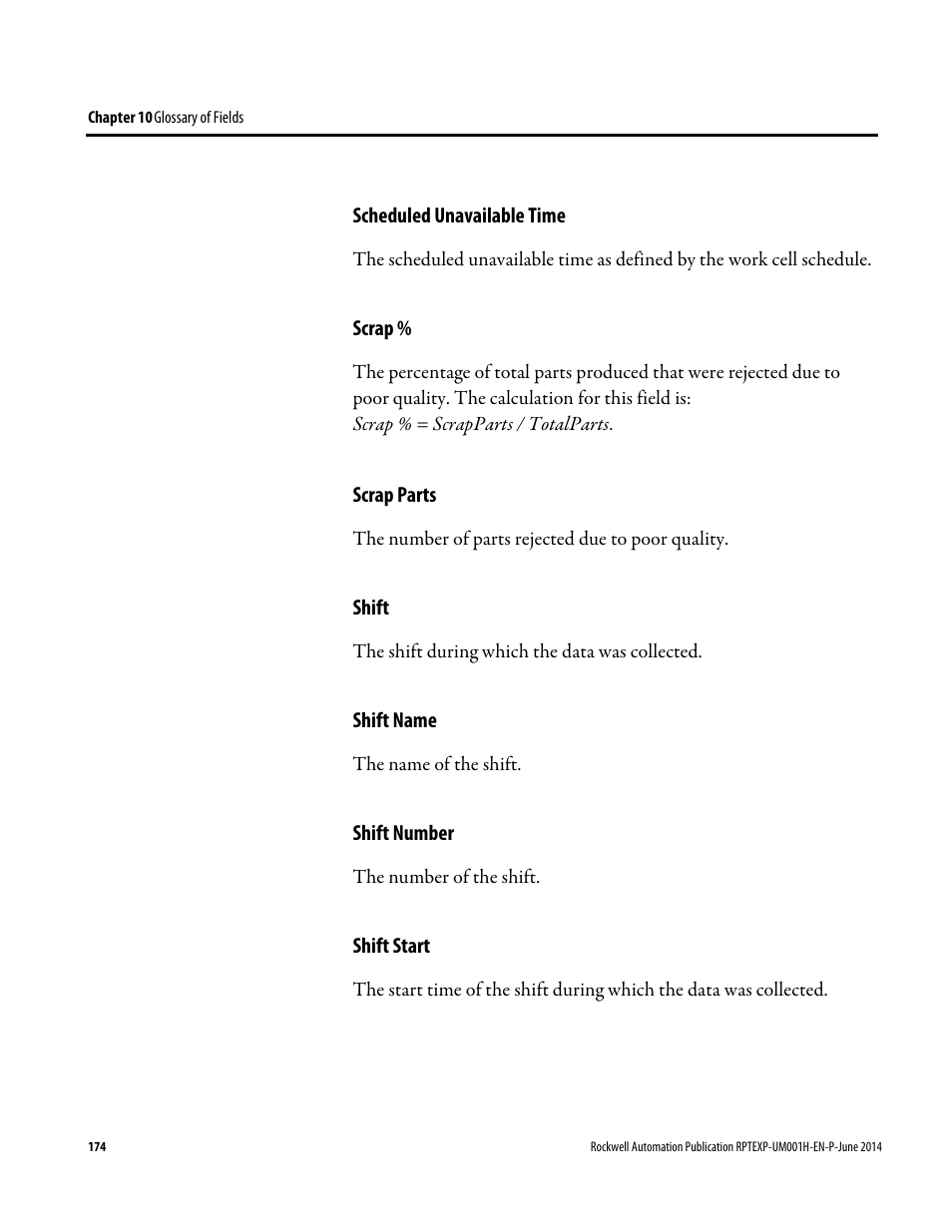 Scheduled unavailable time, Scrap, Scrap parts | Shift, Shift name, Shift number, Shift start, Shift 174 | Rockwell Automation FactoryTalk Report Expert User Guide User Manual | Page 174 / 182