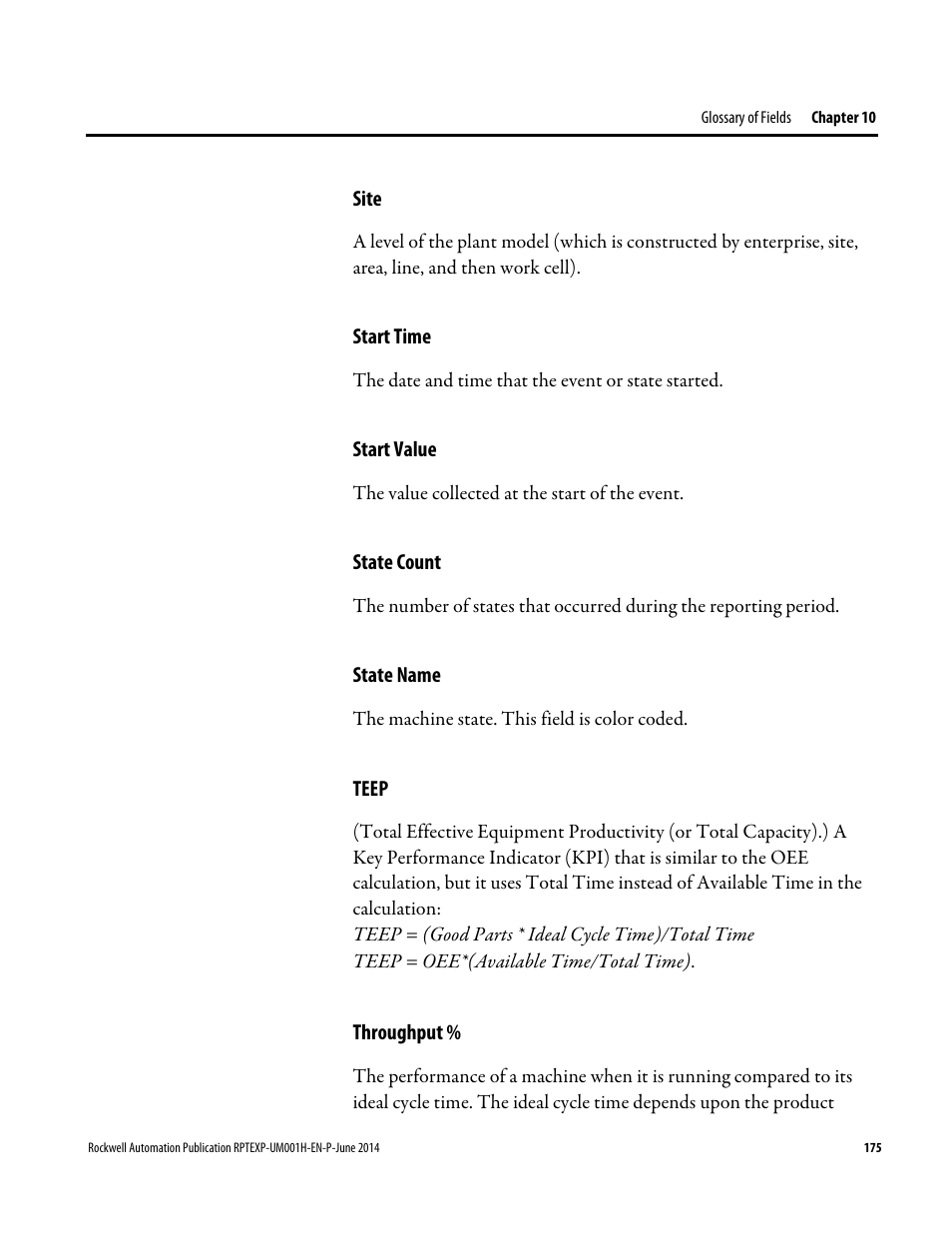 Site, Start time, Start value | State count, State name, Teep, Throughput, Site 175 | Rockwell Automation FactoryTalk Report Expert User Guide User Manual | Page 175 / 182