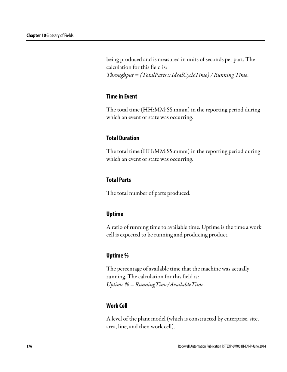 Time in event, Total duration, Total parts | Uptime, Work cell | Rockwell Automation FactoryTalk Report Expert User Guide User Manual | Page 176 / 182