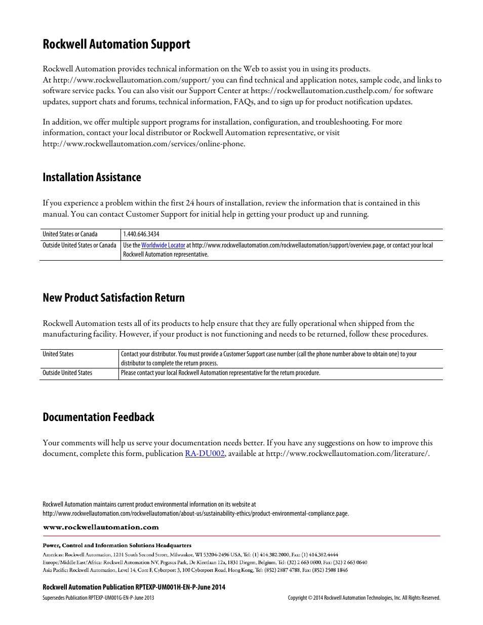 Rockwell automation support, Installation assistance, New product satisfaction return | Documentation feedback | Rockwell Automation FactoryTalk Report Expert User Guide User Manual | Page 182 / 182