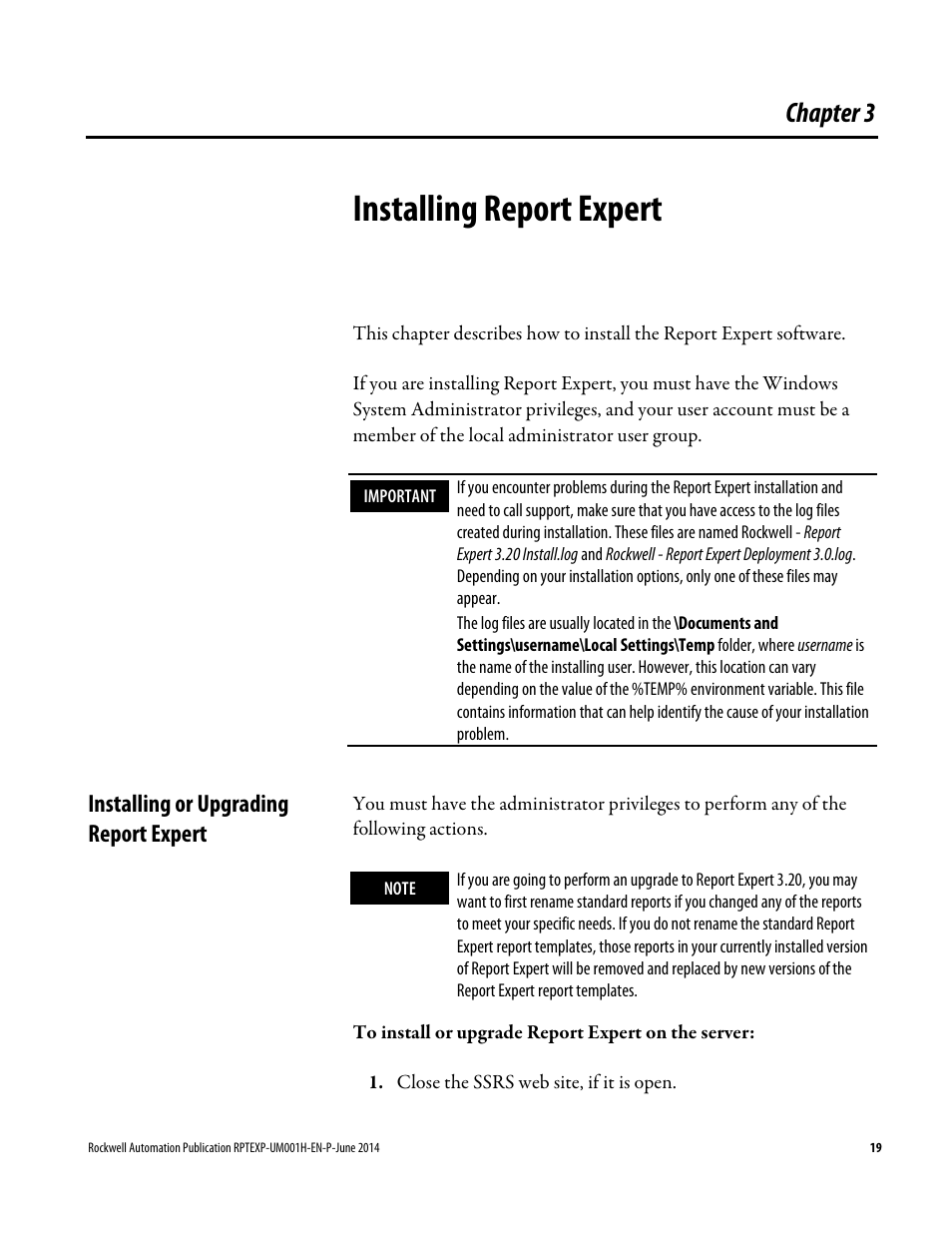Installing report expert, Installing or upgrading report expert, Chapter 3 | Rockwell Automation FactoryTalk Report Expert User Guide User Manual | Page 19 / 182