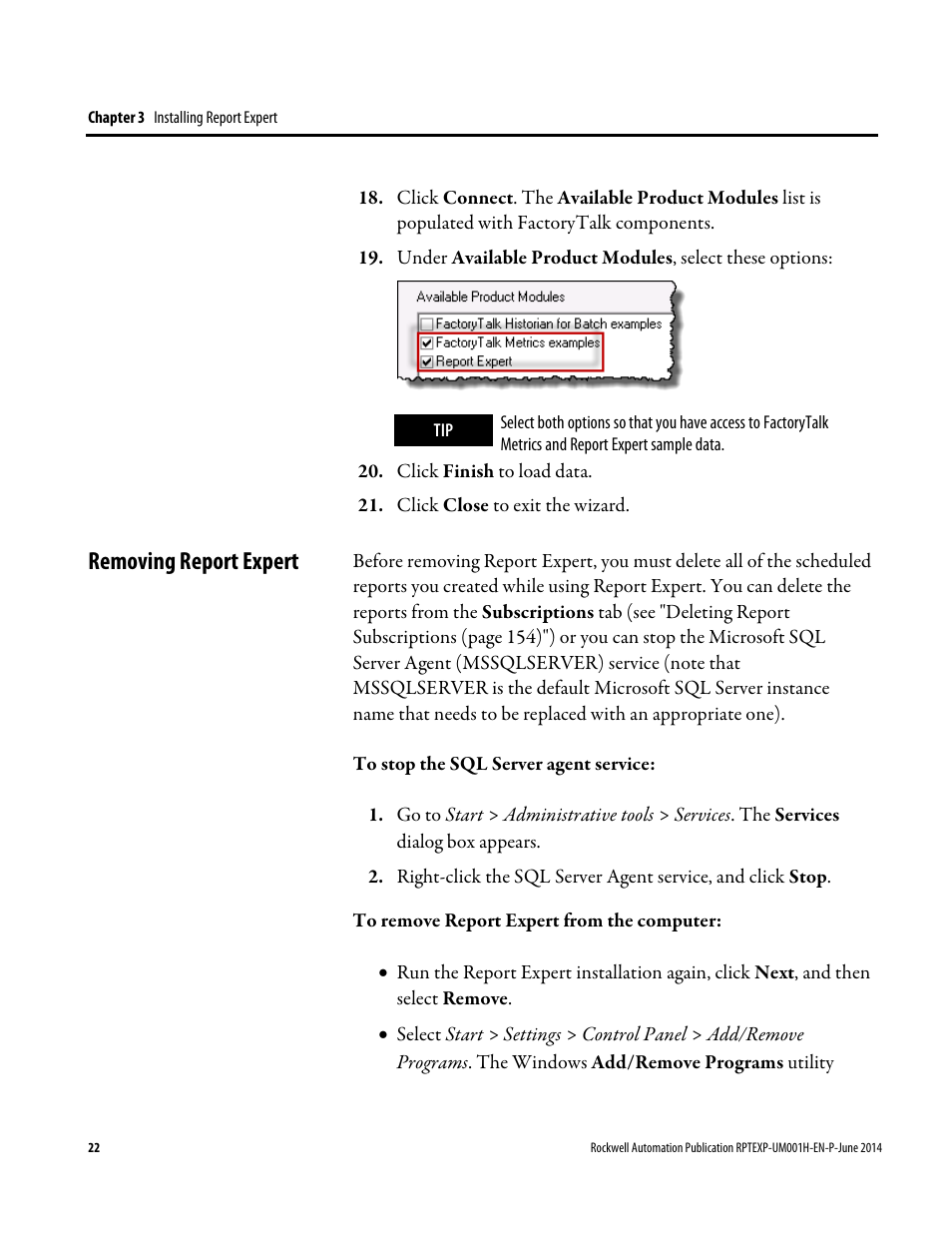 Removing report expert | Rockwell Automation FactoryTalk Report Expert User Guide User Manual | Page 22 / 182