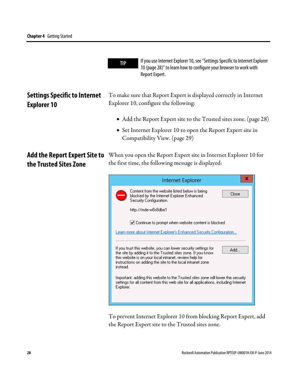 Settings specific to internet explorer 10 | Rockwell Automation FactoryTalk Report Expert User Guide User Manual | Page 28 / 182