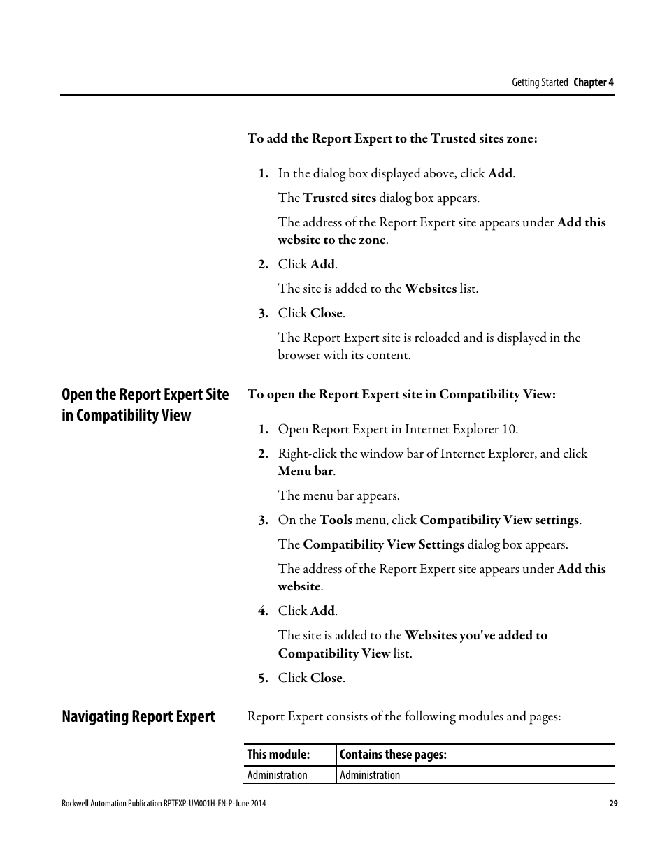 Open the report expert site in compatibility view, Navigating report expert | Rockwell Automation FactoryTalk Report Expert User Guide User Manual | Page 29 / 182