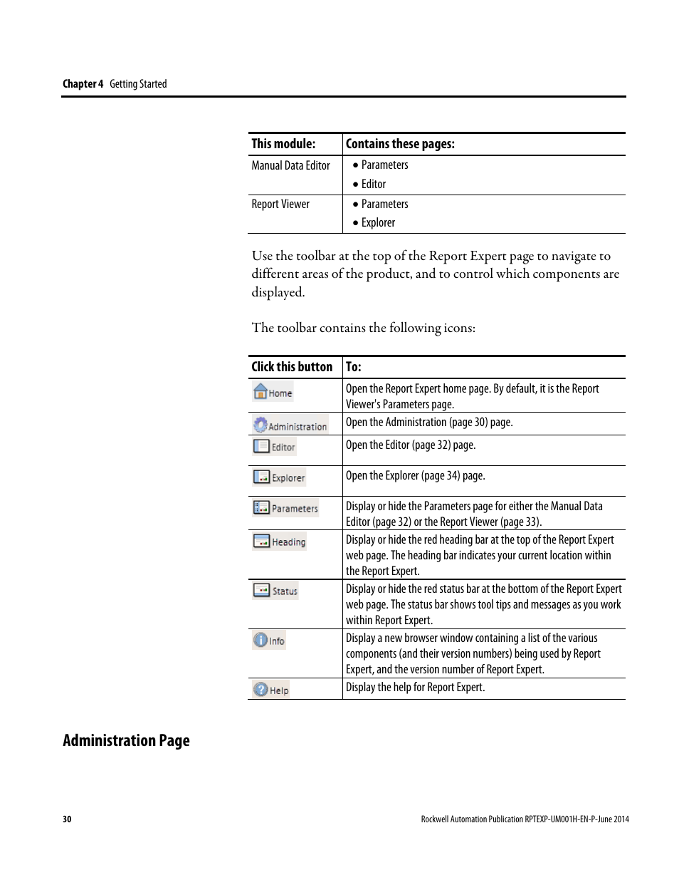 Administration page | Rockwell Automation FactoryTalk Report Expert User Guide User Manual | Page 30 / 182
