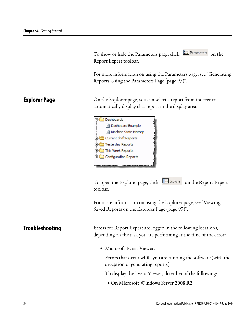 Troubleshooting, E 34) p, Explorer page troubleshooting | Rockwell Automation FactoryTalk Report Expert User Guide User Manual | Page 34 / 182