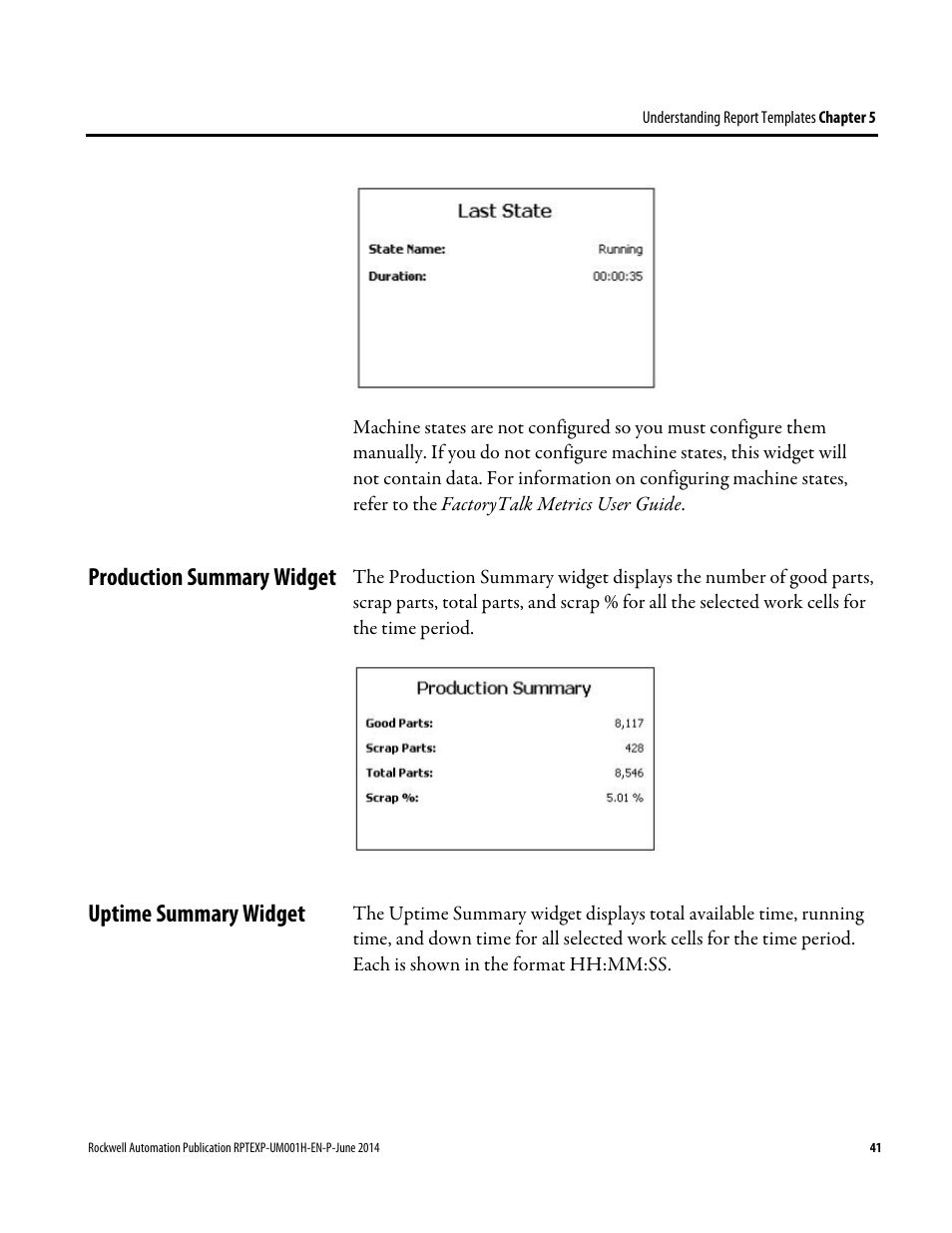 Production summary widget, Uptime summary widget, Production summary widget uptime summary widget | Rockwell Automation FactoryTalk Report Expert User Guide User Manual | Page 41 / 182