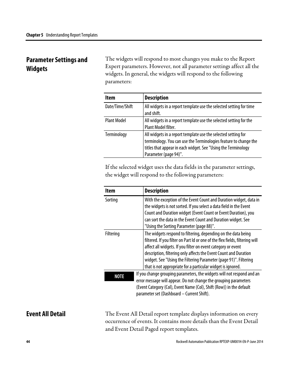 Parameter settings and widgets, Event all detail, E 44) | Parameter settings and widgets event all detail | Rockwell Automation FactoryTalk Report Expert User Guide User Manual | Page 44 / 182