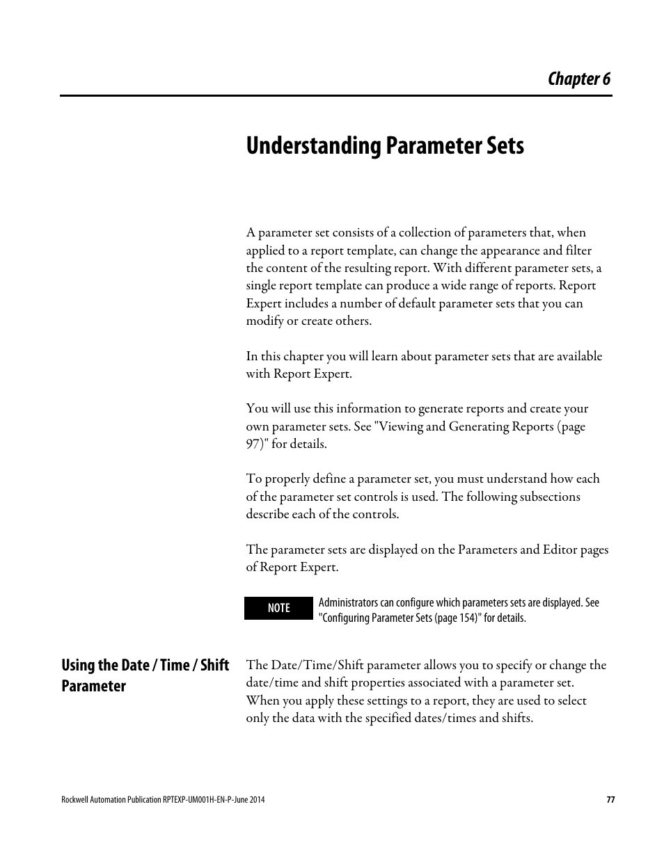 Understanding parameter sets, Using the date / time / shift parameter, Chapter 6 | Rockwell Automation FactoryTalk Report Expert User Guide User Manual | Page 77 / 182