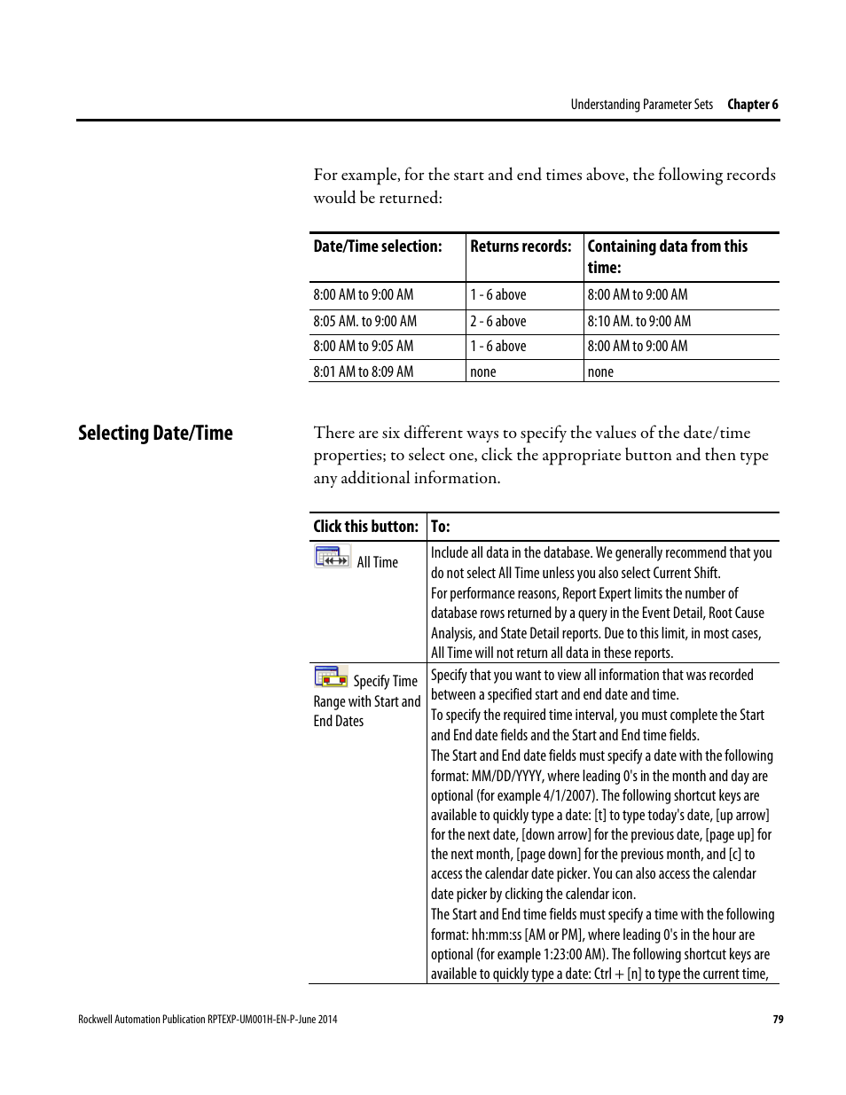 Selecting date/time | Rockwell Automation FactoryTalk Report Expert User Guide User Manual | Page 79 / 182