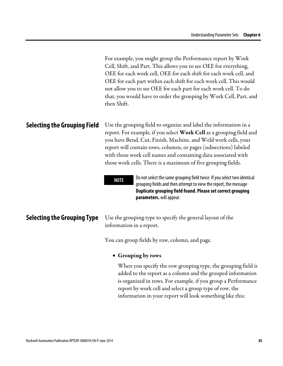 Selecting the grouping field, Selecting the grouping type | Rockwell Automation FactoryTalk Report Expert User Guide User Manual | Page 85 / 182