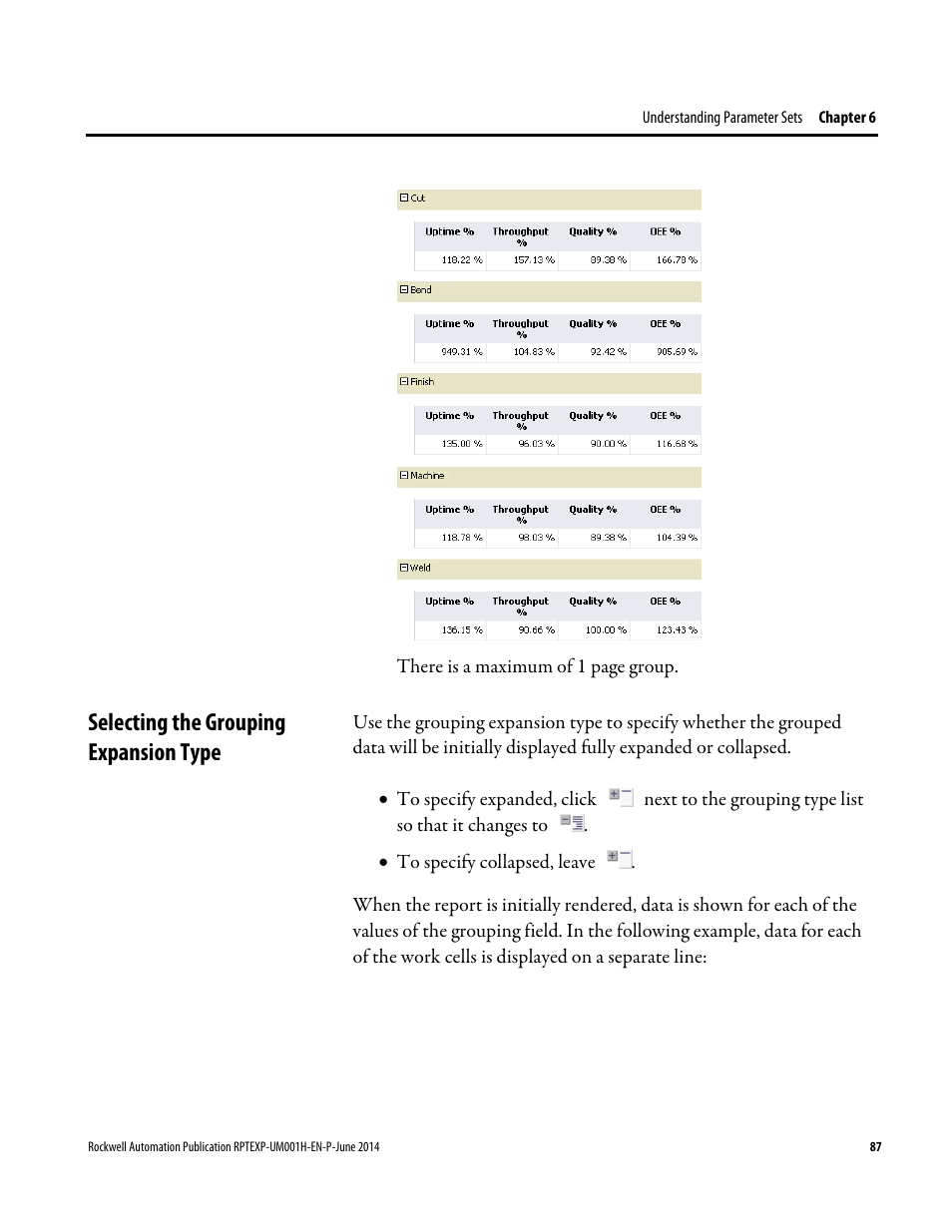 Selecting the grouping expansion type | Rockwell Automation FactoryTalk Report Expert User Guide User Manual | Page 87 / 182