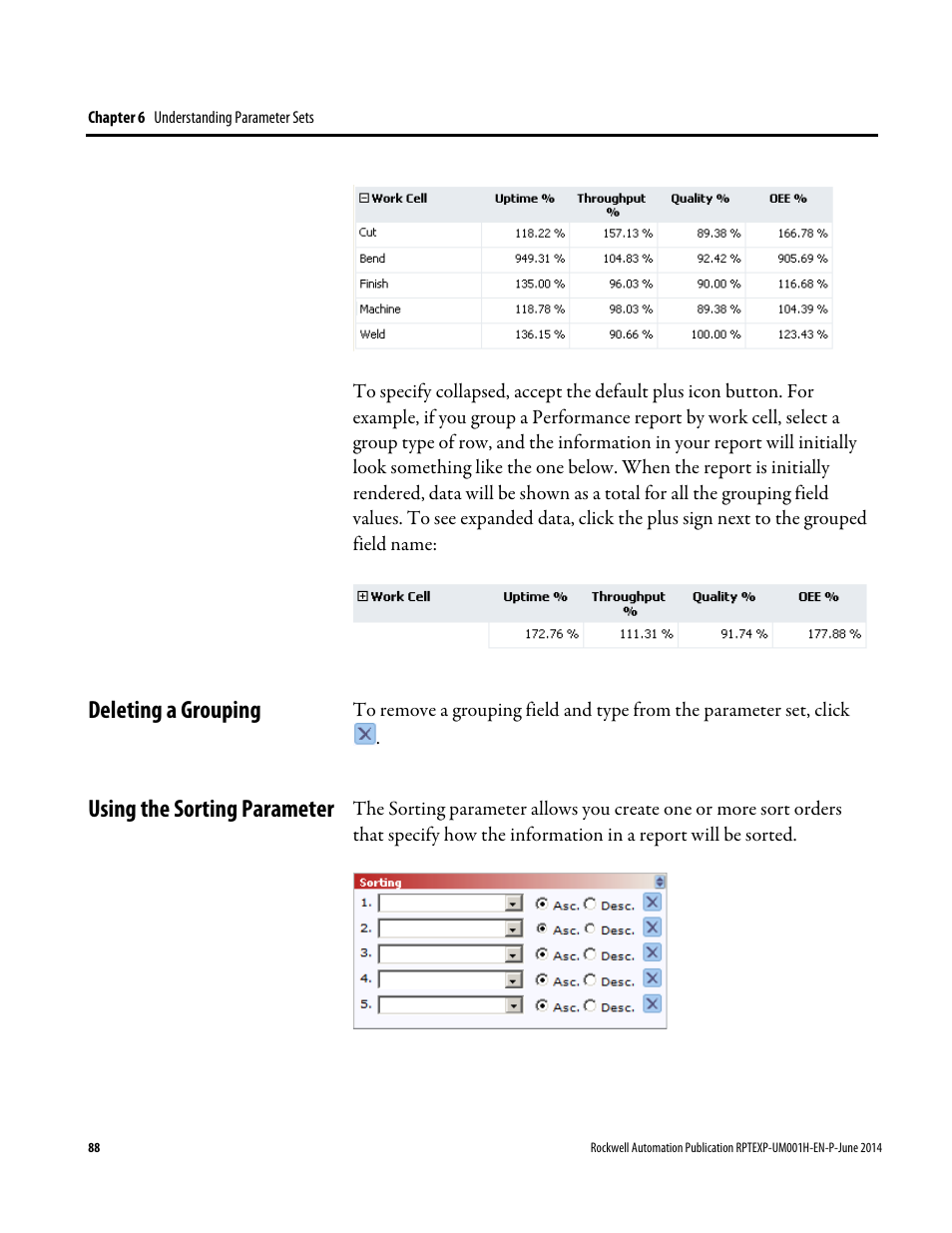 Deleting a grouping, Using the sorting parameter, Deleting a grouping using the sorting parameter | Rockwell Automation FactoryTalk Report Expert User Guide User Manual | Page 88 / 182