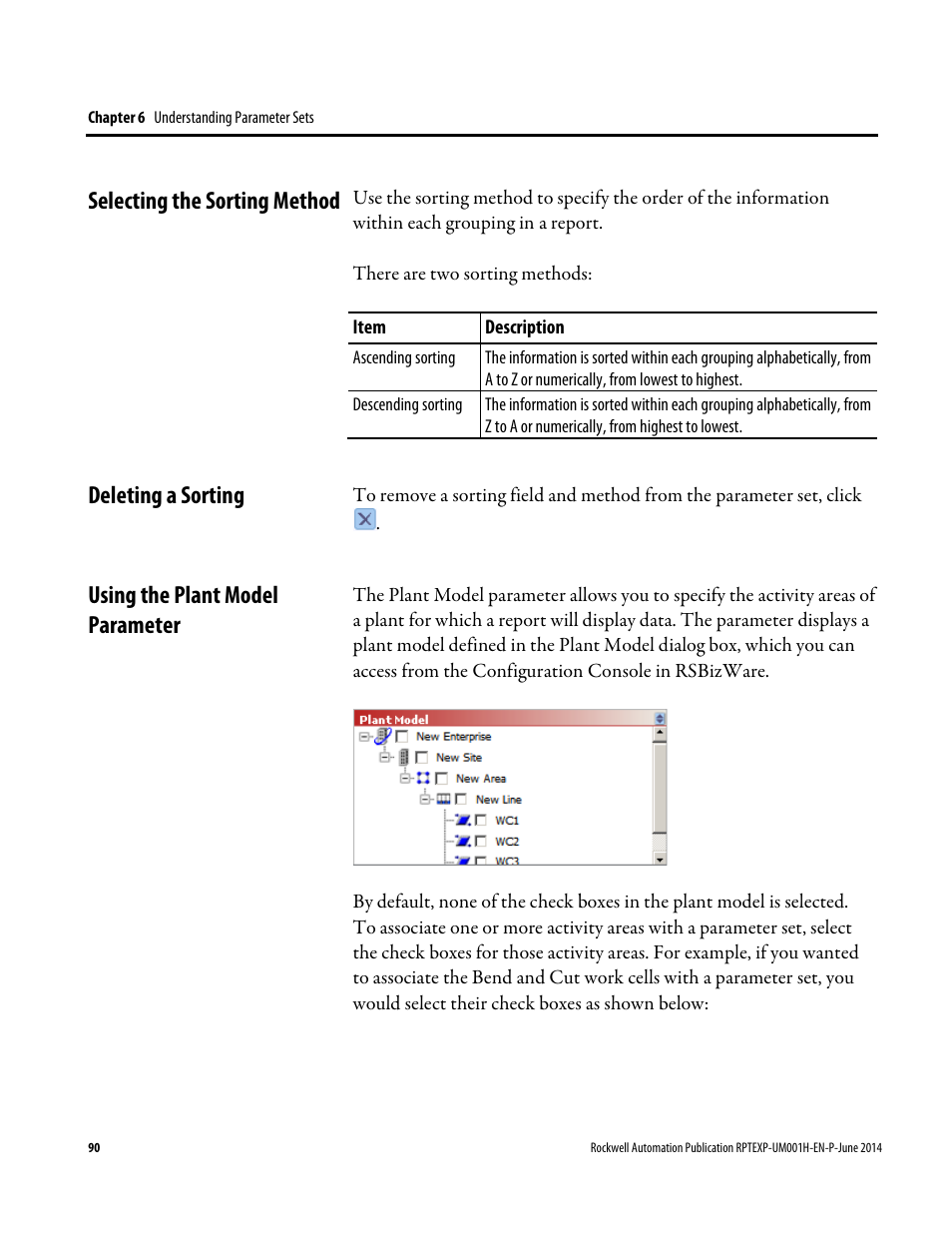 Selecting the sorting method, Deleting a sorting, Using the plant model parameter | Rockwell Automation FactoryTalk Report Expert User Guide User Manual | Page 90 / 182