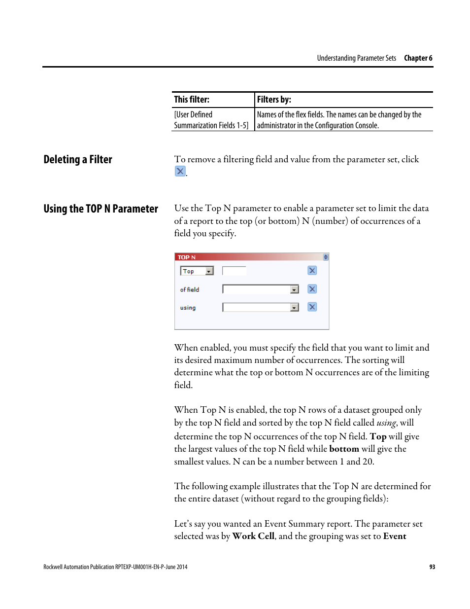 Deleting a filter, Using the top n parameter, Deleting a filter using the top n parameter | Rockwell Automation FactoryTalk Report Expert User Guide User Manual | Page 93 / 182