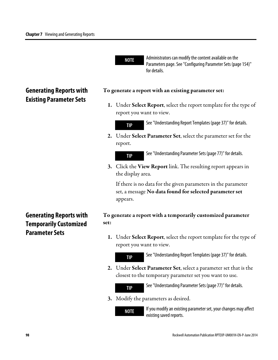 Generating reports with existing parameter sets, E 98) | Rockwell Automation FactoryTalk Report Expert User Guide User Manual | Page 98 / 182