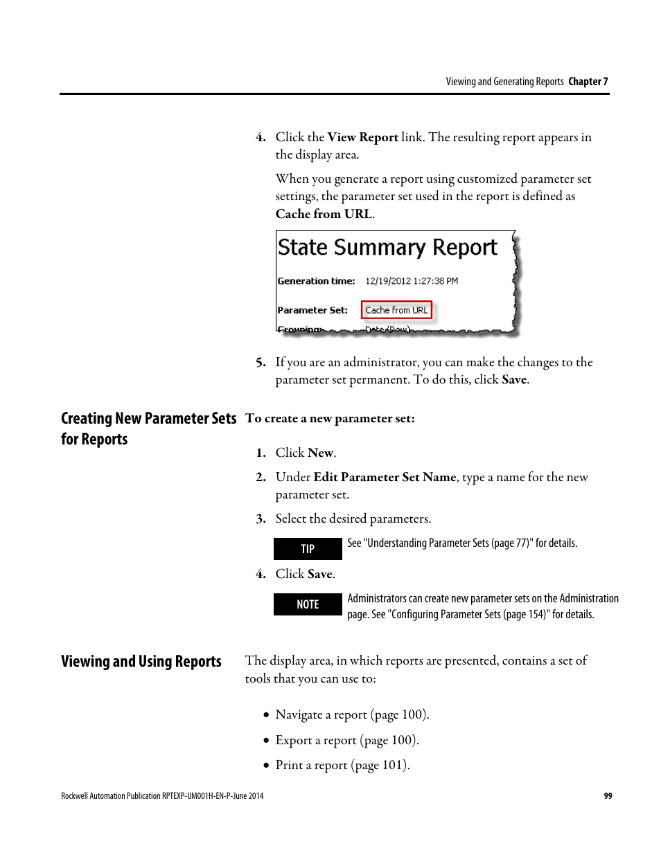 Creating new parameter sets for reports, Viewing and using reports | Rockwell Automation FactoryTalk Report Expert User Guide User Manual | Page 99 / 182
