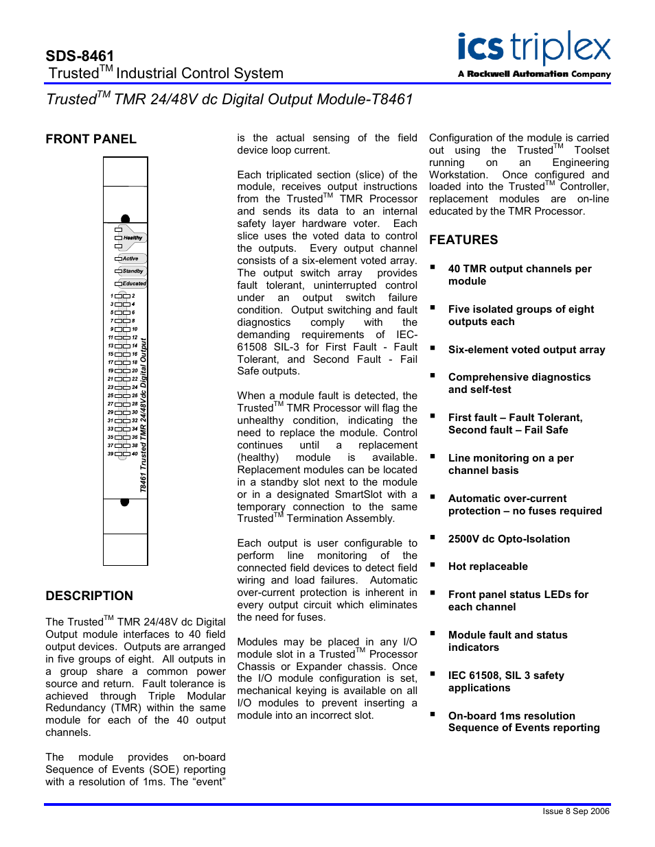 Rockwell Automation T8461 Trusted TMR 24/48V dc Digital Output Module User Manual | 2 pages